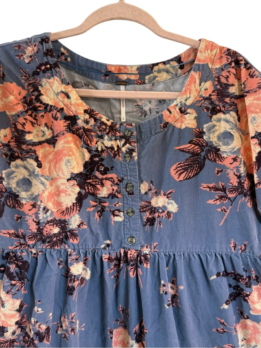 Free People Blue Floral Corduroy Babydoll Tunic Dress Button Front Size Small